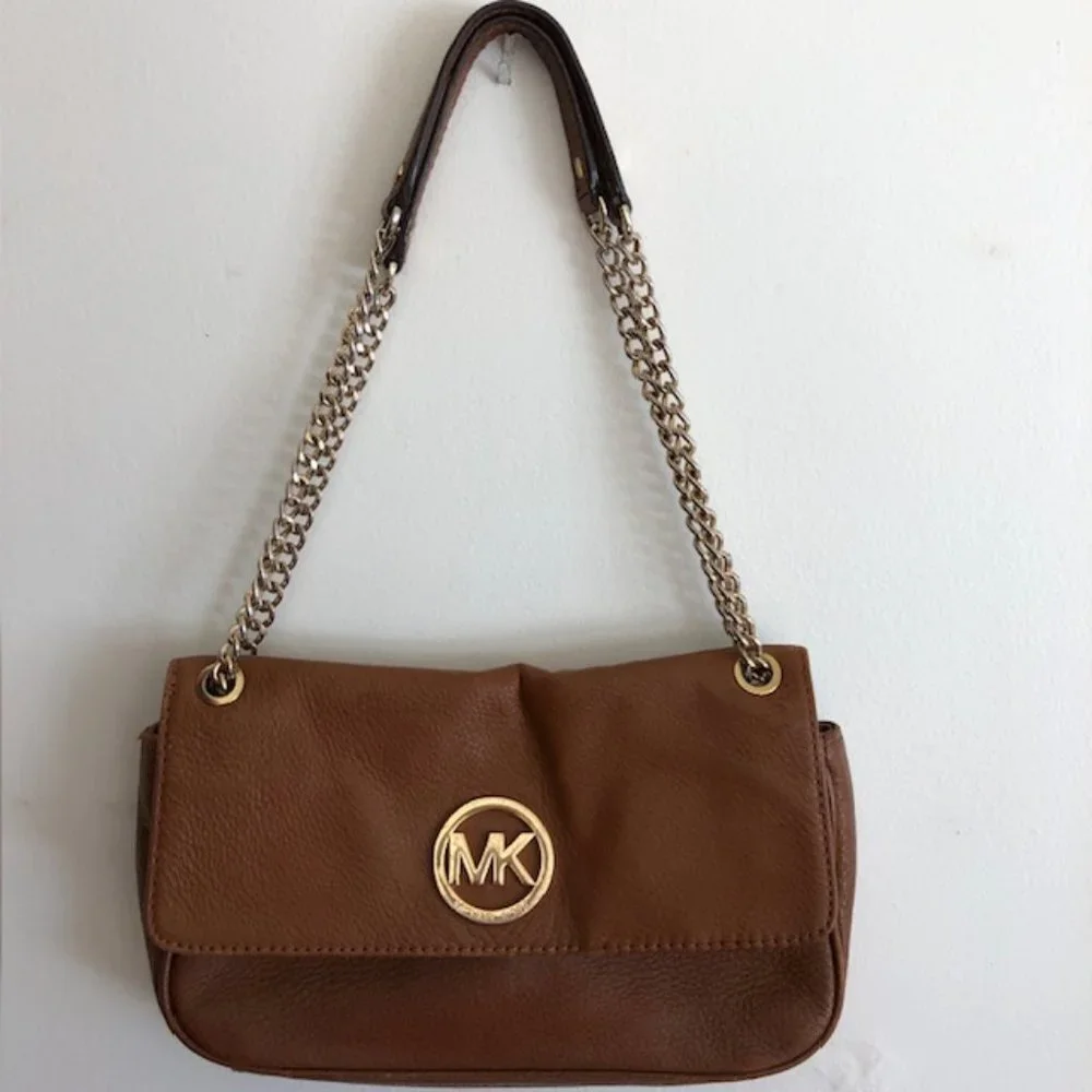 MICHAEL KORS Fulton Small Brown Gold Chain Shoulder Flap Bag